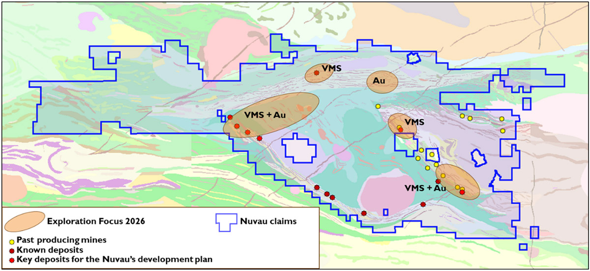 Figure 1: Nuvau’s 2026 exploration focus areas for gold and base metals (volcanogenic massive sulfides)