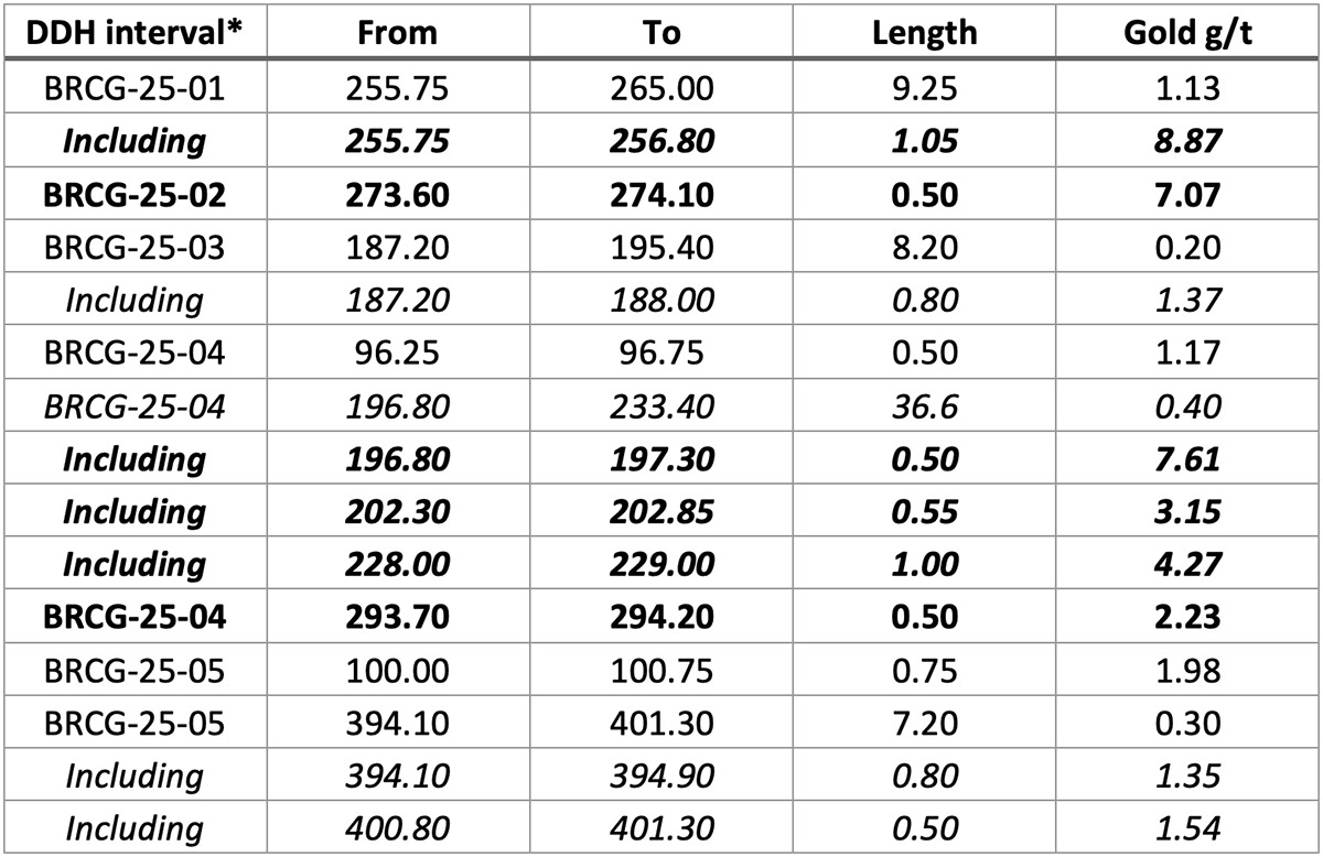 Table 1: Bracemac gold showing assay intervals 