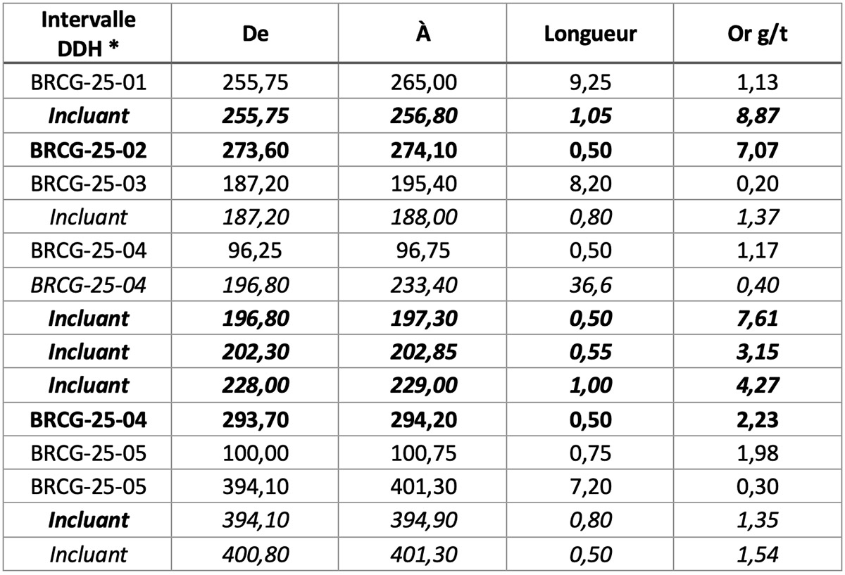 Table 1: Bracemac gold showing assay intervals