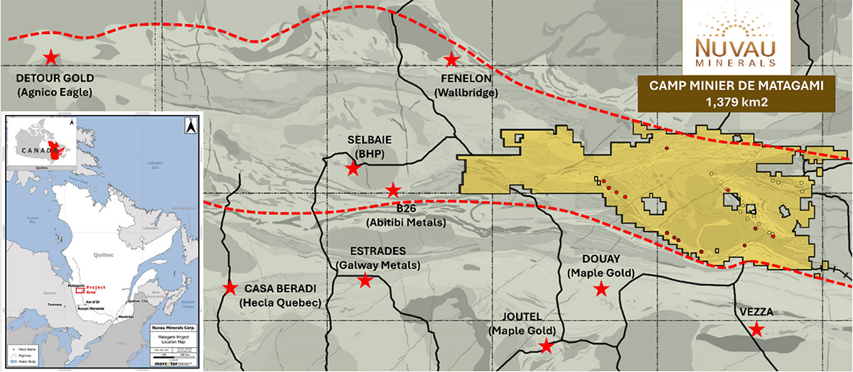 Figure 1: Position of Nuvau’s Matagami property in Canada and within the northern Abitibi advanced projects and operations